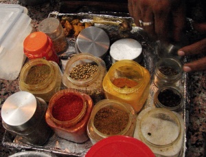 Chef Lokesh Mathur's spice tray, at his Jaipur Cooking Class, India.